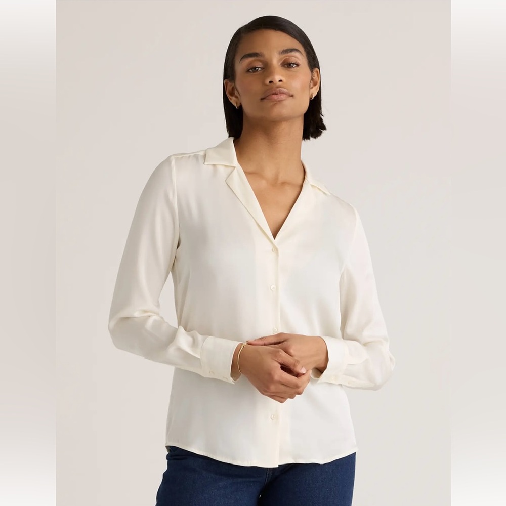 QUINCE Silk Washable Stretch Silk Notch Collar Blouse XS - Ivory